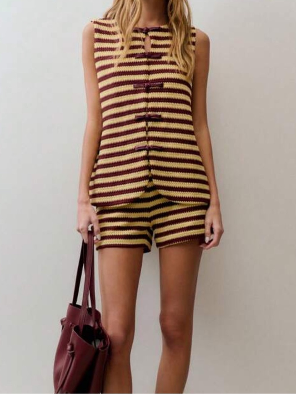 Striped Knit Sleeveless Top & Shorts Set in Mustard and Burgundy